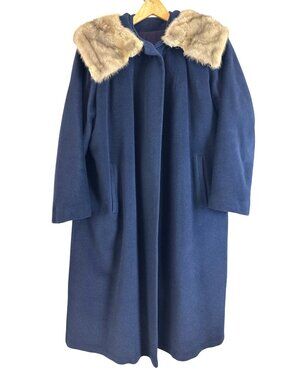 Vintage Rothmoor Navy Long Wool Coat Fur Collar Elegant Old Money Size XL